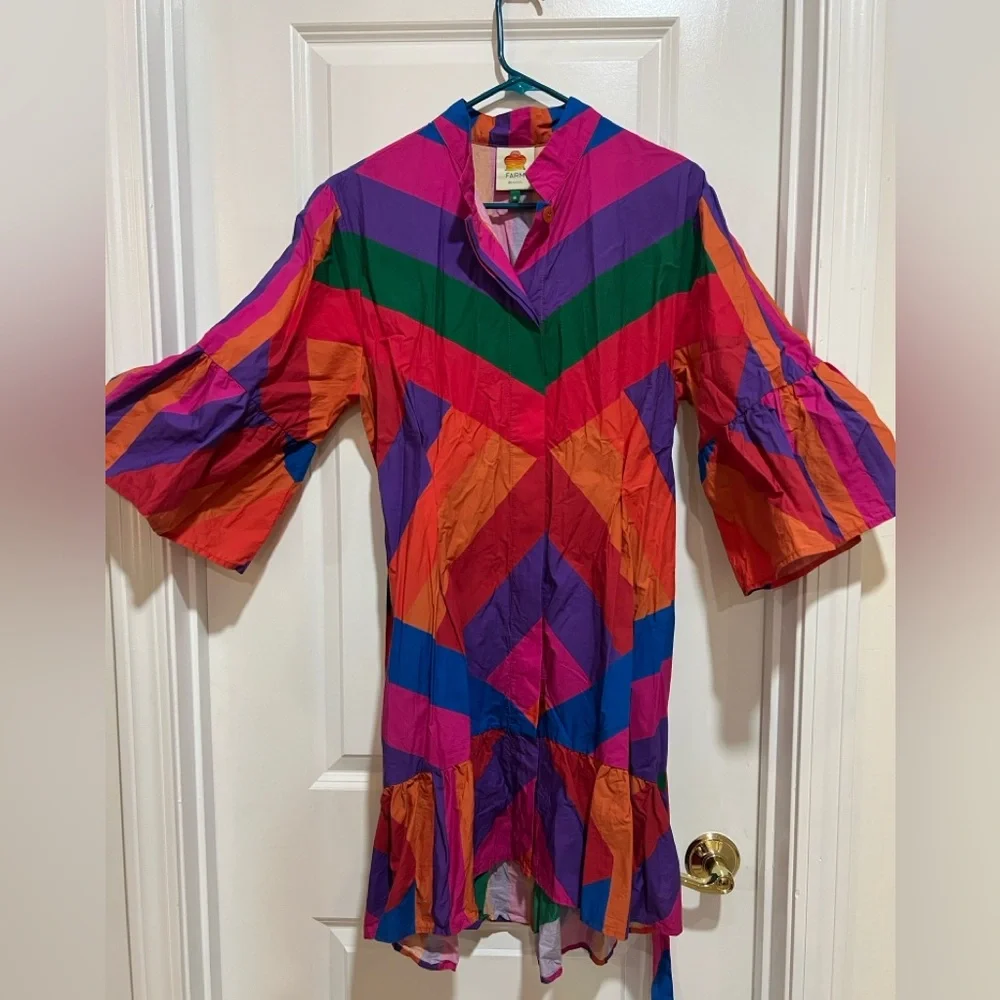Farm Rio Amanda Stripes Colorful Striped Mini Tiered Ruffle Button Front Dress - Picture 5 of 6